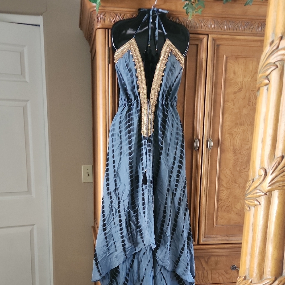 Blue Embellished Backless Halter Dress